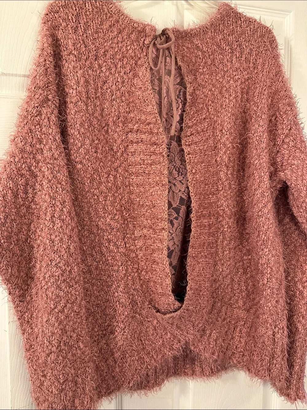 Knox Rose Dusty Mauve V-Neck Fuzzy Sweater with Lace Back